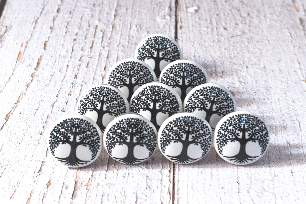 Hand Painted Ceramic Cabinet Drawer Pull/Use for Cupboard, Wardrobe Door/Kitchen Cabinet Pull- White Knobs, Black Knobs- Set of 10 (Tree of Life)