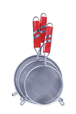 KUVI Stainless Steel Soup Juice Strainer Liquid Filter Vegetable Fruits Soup Strainer Sieve Kitchen Tool with Red Handle Best for Kitchen (Silver) (16 CM)