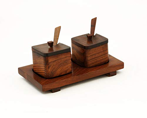 Freakway Sheesham Wood Serving Jar Set with Tray and Spoon for Home Kitchen and Restaurants Decor, 50 ml, Brown -2-Pieces