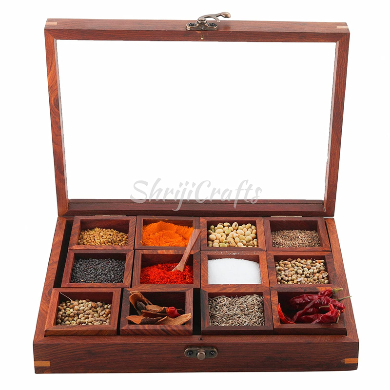 Ortus Arts® Sheesham Wood 12 Containers Spice Box with Spoon - Wooden Masala Box Set for Kitchen Masala Daani Namak Dani Dabba Multipurpose Decorative Boxes - wooden Spice Holder"Made In India"